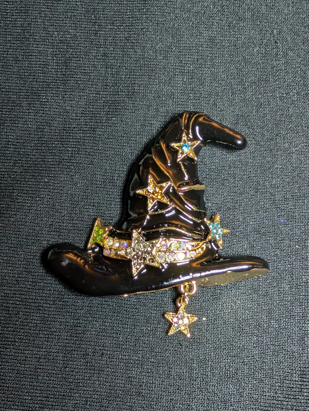 Black Witch Hat Brooch Pin with Star Accents